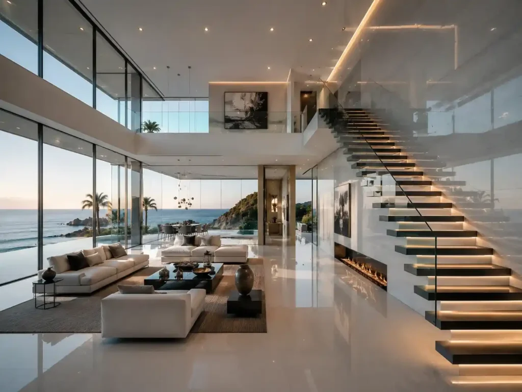A Floating Staircase with Glass Railings
