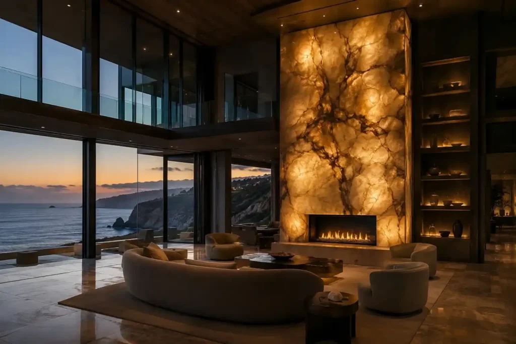 A Floor-to-Ceiling Onyx Fireplace Surround