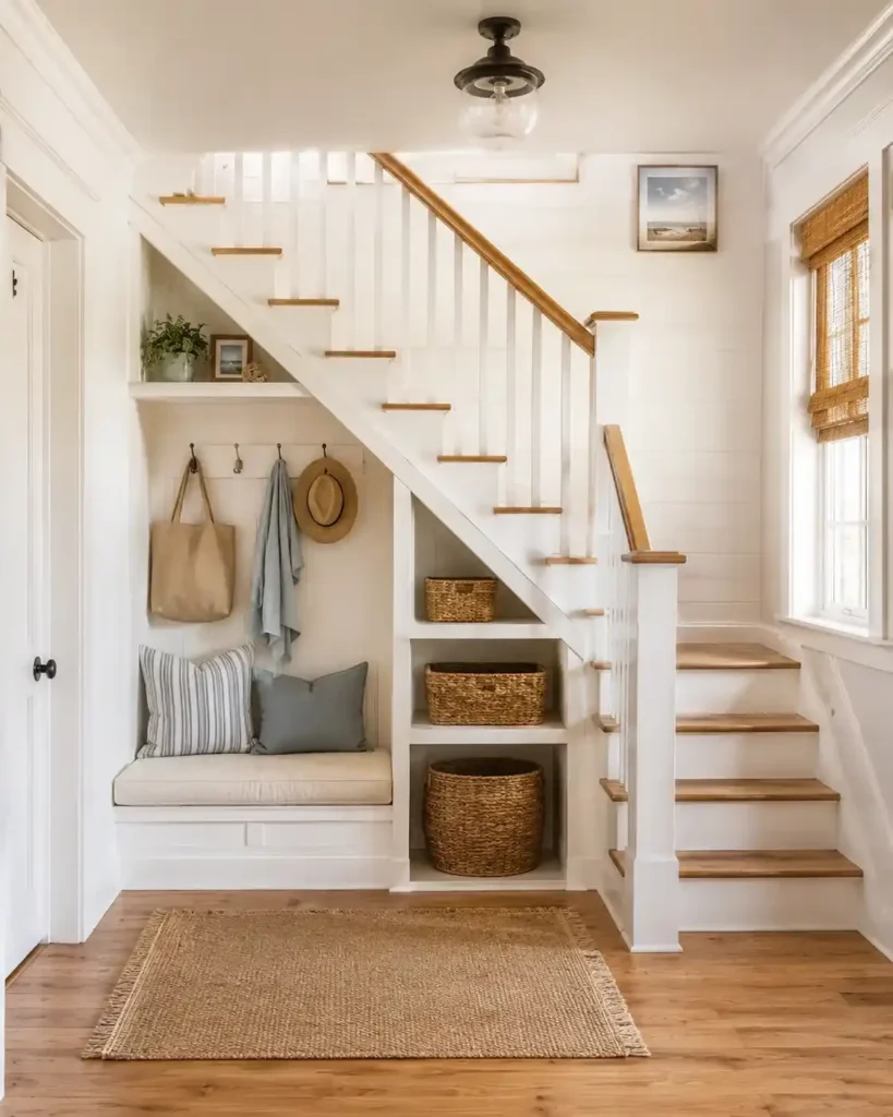 A Woven Basket Trio Tucked Under the Stairs