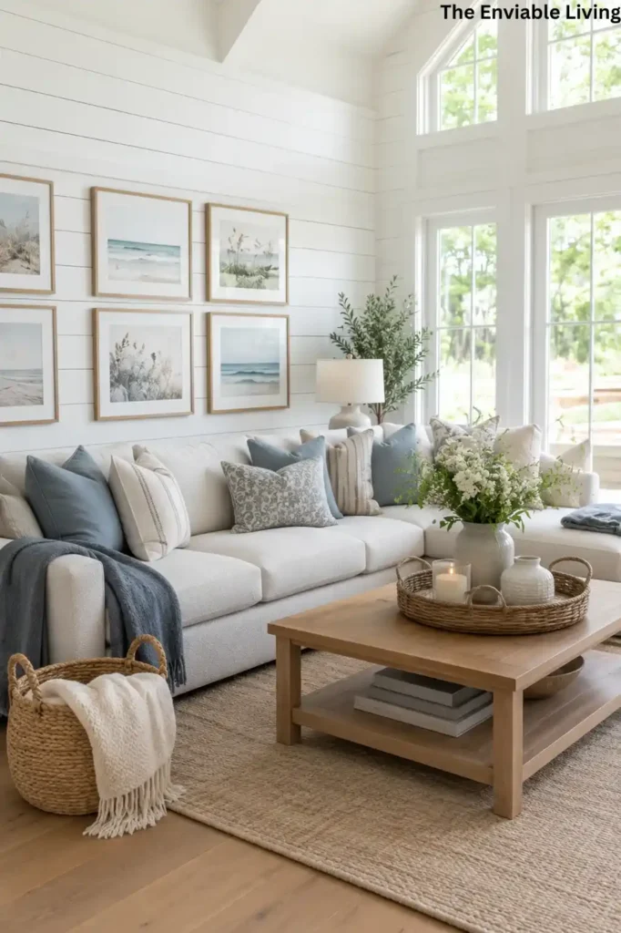 Airy Coastal Living Room with Shiplap Walls and Gallery Art