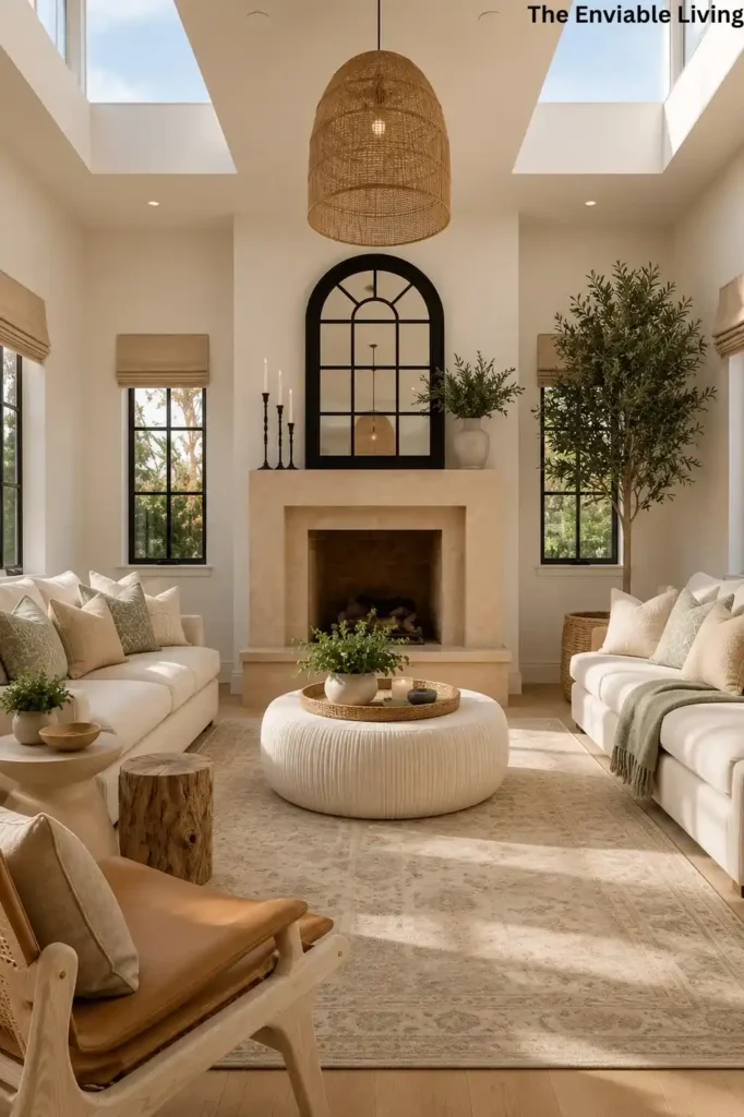 Bright Coastal Living Room with Arched Mirror and Neutral Tones