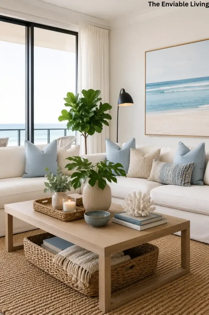 Bright Coastal Living Room with Light Wood Coffee Table and Ocean Artwork