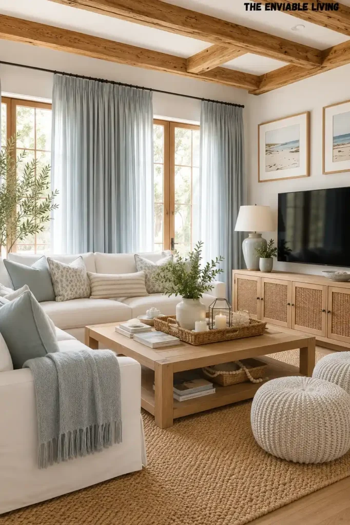 Bright Coastal Living Room with Rattan Pendant Lighting