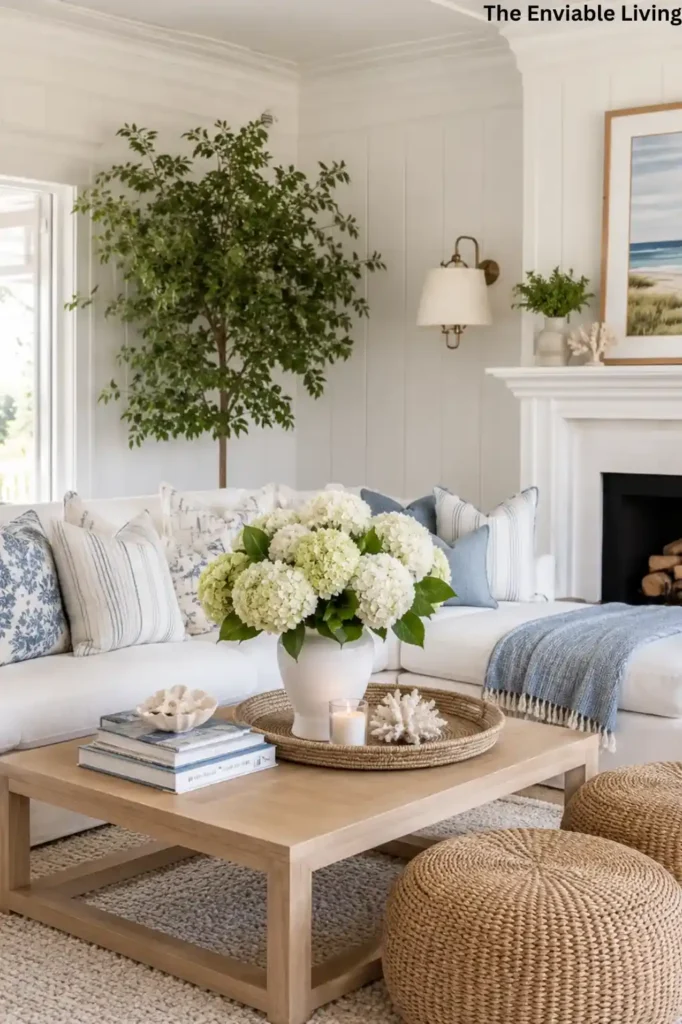 Bright Coastal Living Room with White Sectional and Light Wood Coffee Table