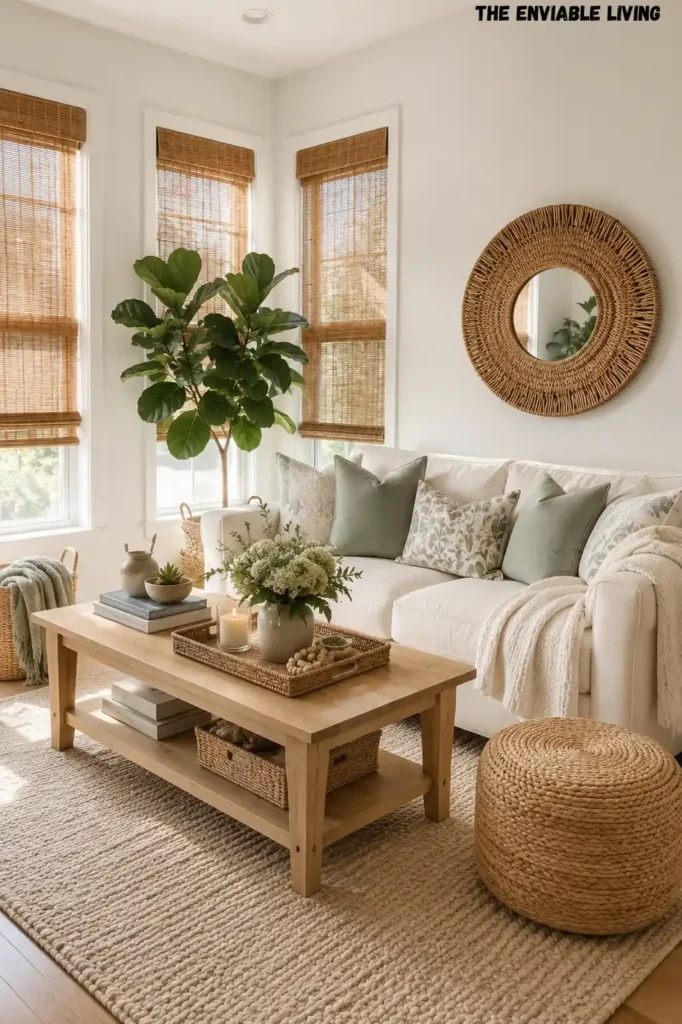 Bright Coastal Living Room with Woven Blinds and Natural Green Accents