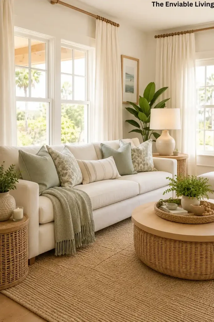 Bright Ocean View Living Room with Rustic Coffee Table