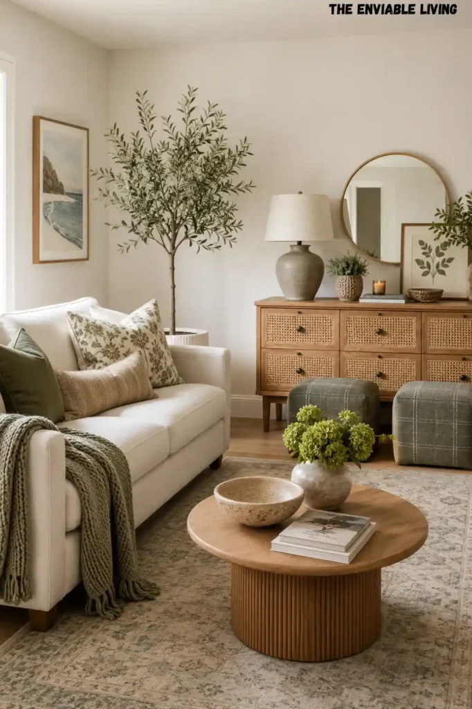 Charming Cottage Coastal Living Room with Blue Floral Wallpaper