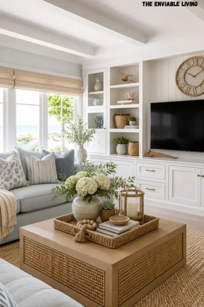 Classic Coastal Living Room with Built-In Shelving and Woven Details