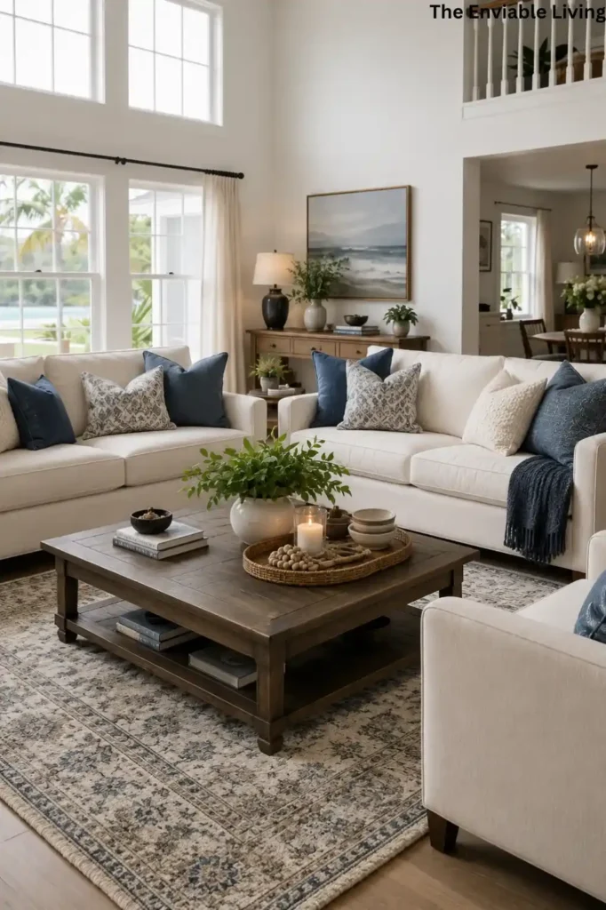 Classic Coastal Living Room with Navy Blue Accents and Dark Wood Table