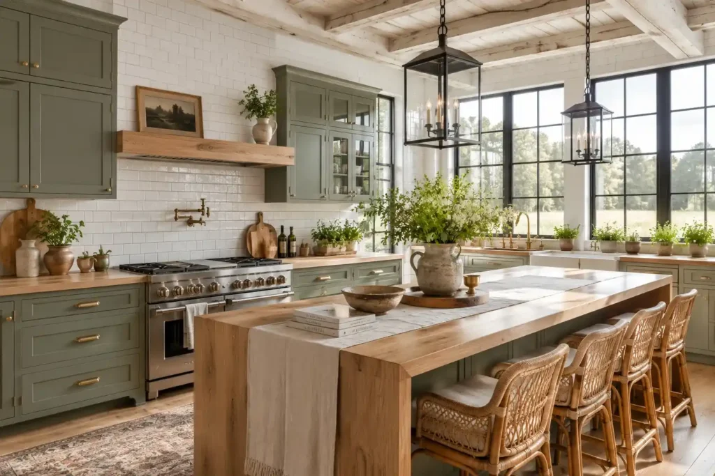 Classic White Subway Tile with Sage Green Cabinets