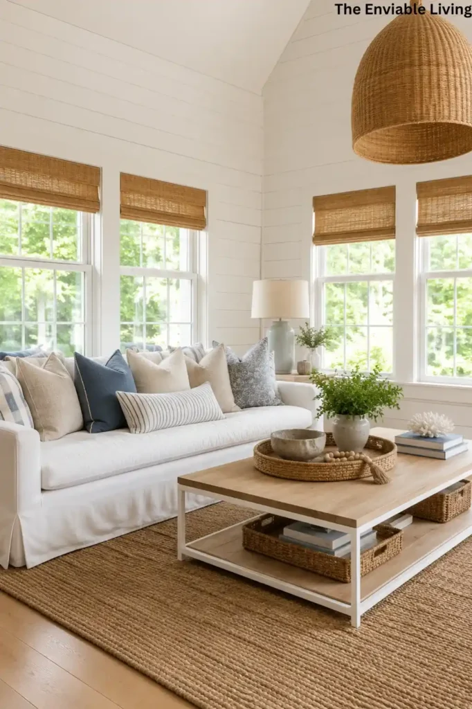 Coastal Living Room with Bamboo Shades and Oversized Rattan Pendant