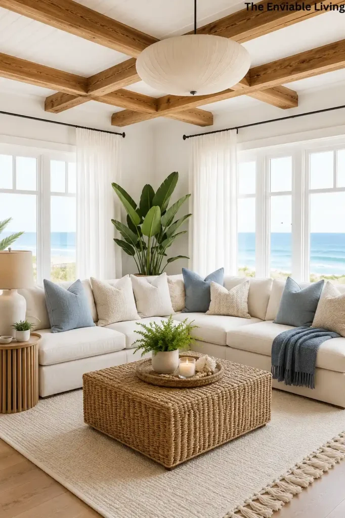 Coastal Living Room with Exposed Wood Beams and Woven Coffee Table