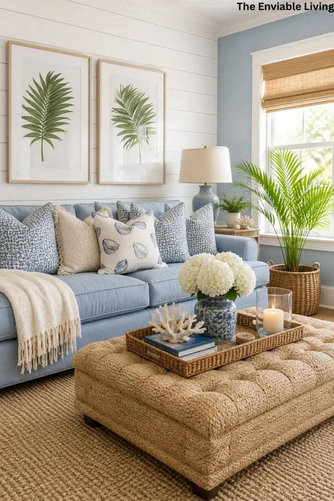 Coastal Living Room with Light Blue Sofa and Tufted Woven Ottoman