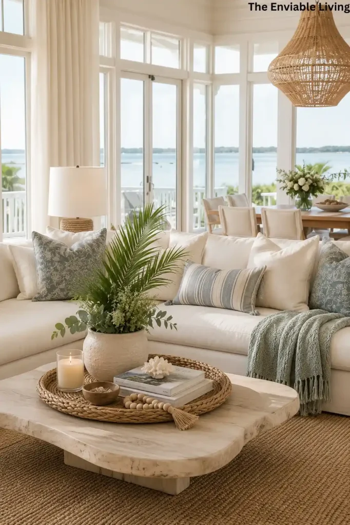 Coastal Living Room with Open Dining Area and Beach Wall Art