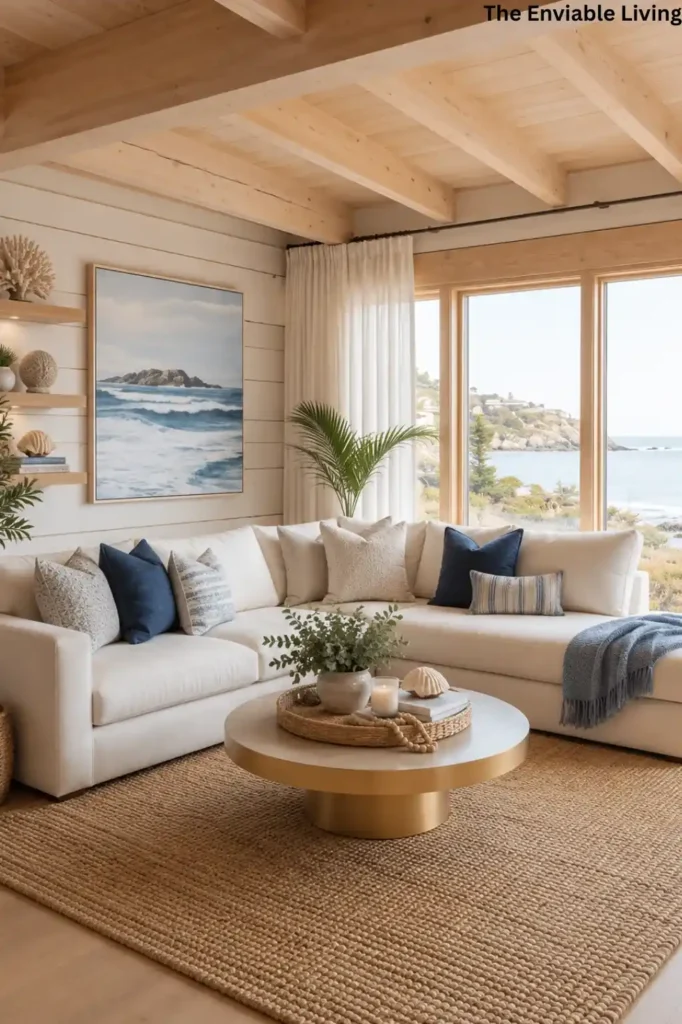 Coastal Living Room with Round Gold Coffee Table and Wood Ceiling Beams