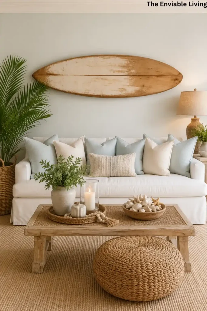 Coastal Living Room with Surfboard Wall Art and Natural Wood Accents
