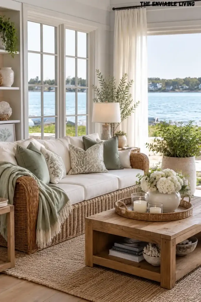 Coastal Living Room with Waterfront Views and Wicker Furniture