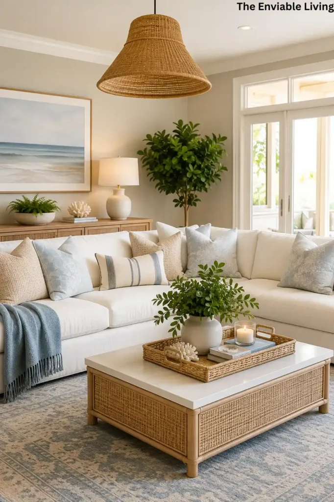Coastal Living Room with Woven Coffee Table and Light Blue Pillows