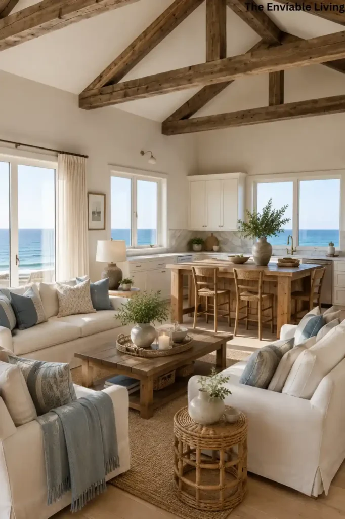 Coastal Open-Concept Living Room with Ocean Views and Wood Beams