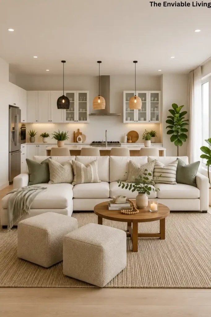 Coastal Sofa Styling with Layered Neutral and Blue Throw Pillows