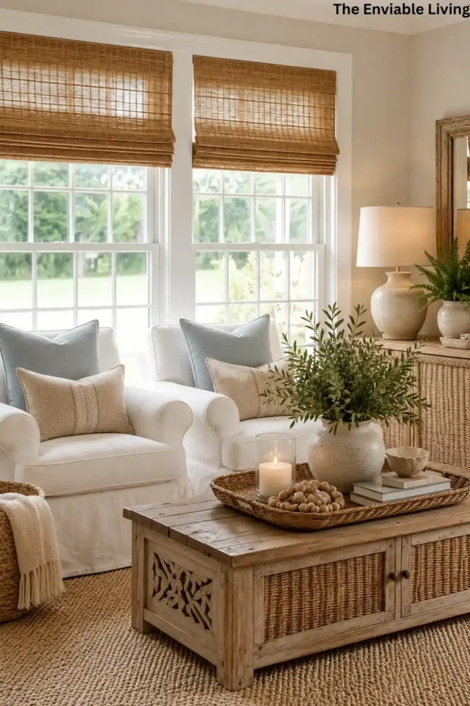 Cozy Coastal Living Room with Carved Wood Coffee Table and Bamboo Shades