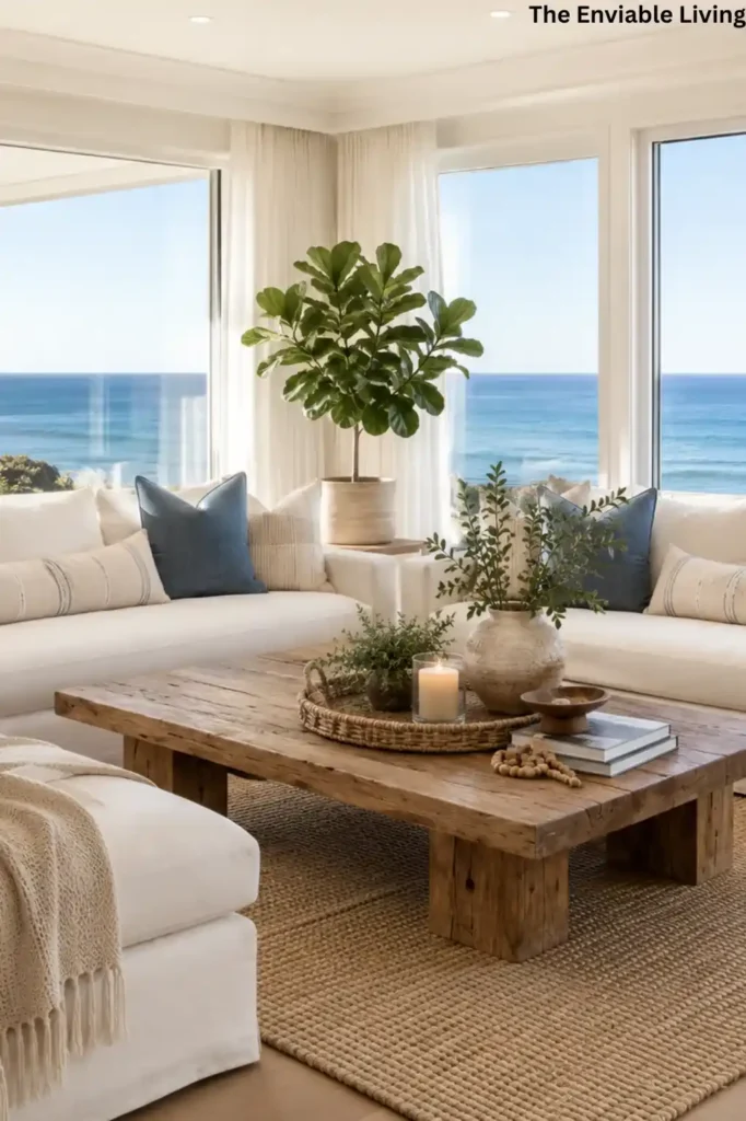 Cozy Coastal Sofa Styled with Blue Accent Pillows and Ocean Artwork
