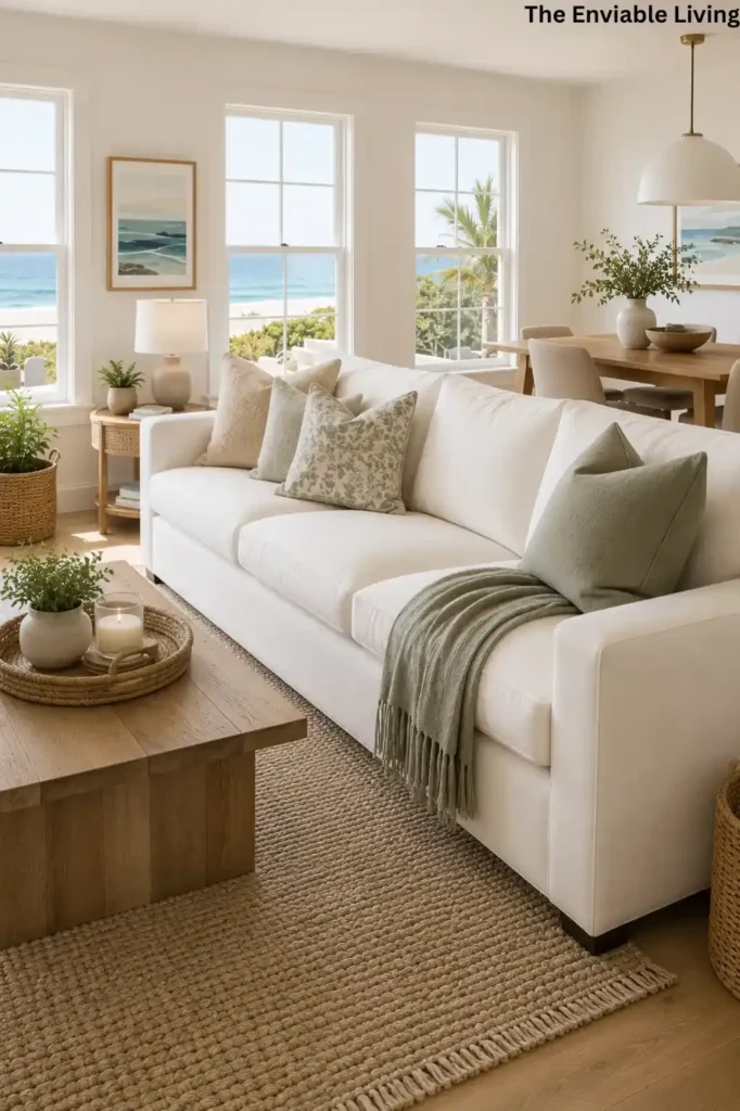 Cream Sofa Living Room with Botanical Prints and Woven Lighting
