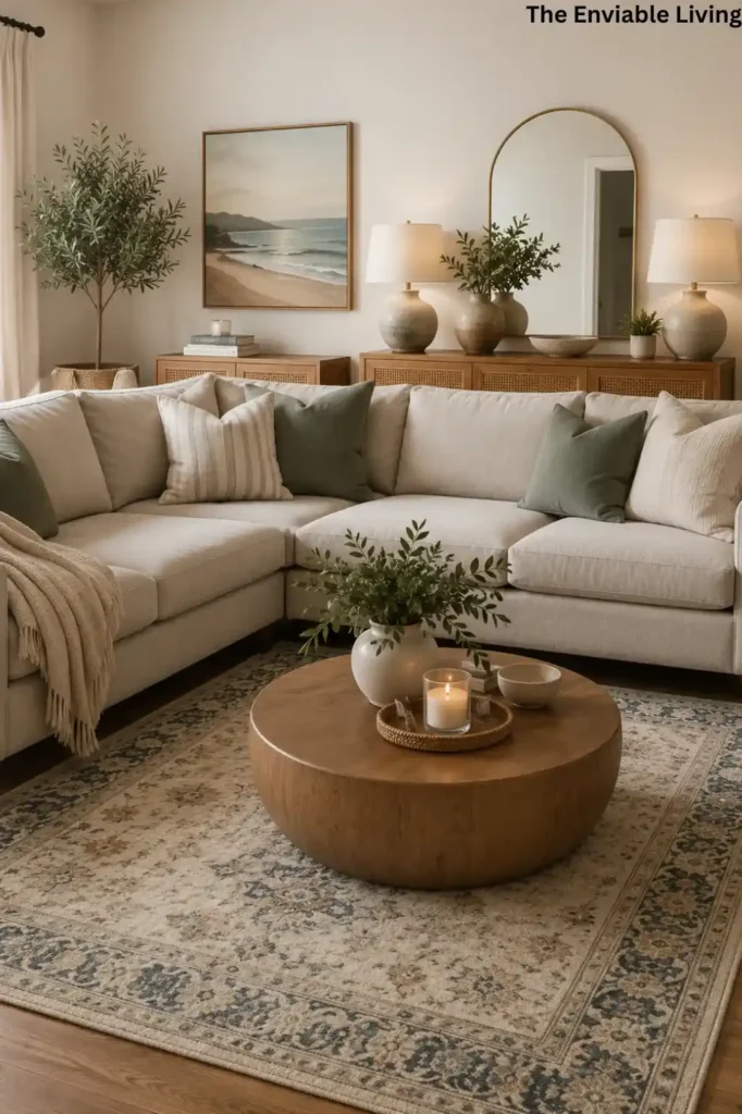 Light Gray Coastal Living Room with Round Wood Coffee Table