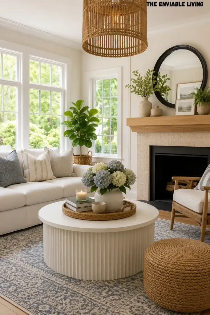 Modern Coastal Living Room with Navy Blue Accent Pillows