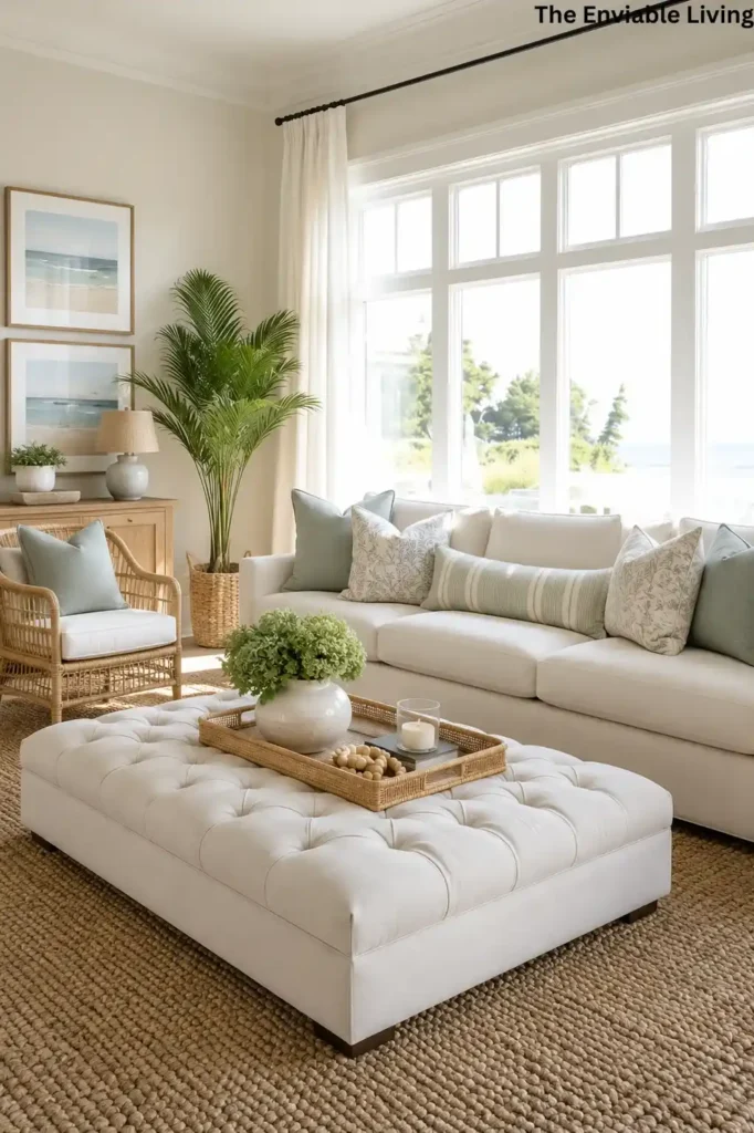 Modern Coastal Living Room with Ocean View and Round Gold Coffee Tables