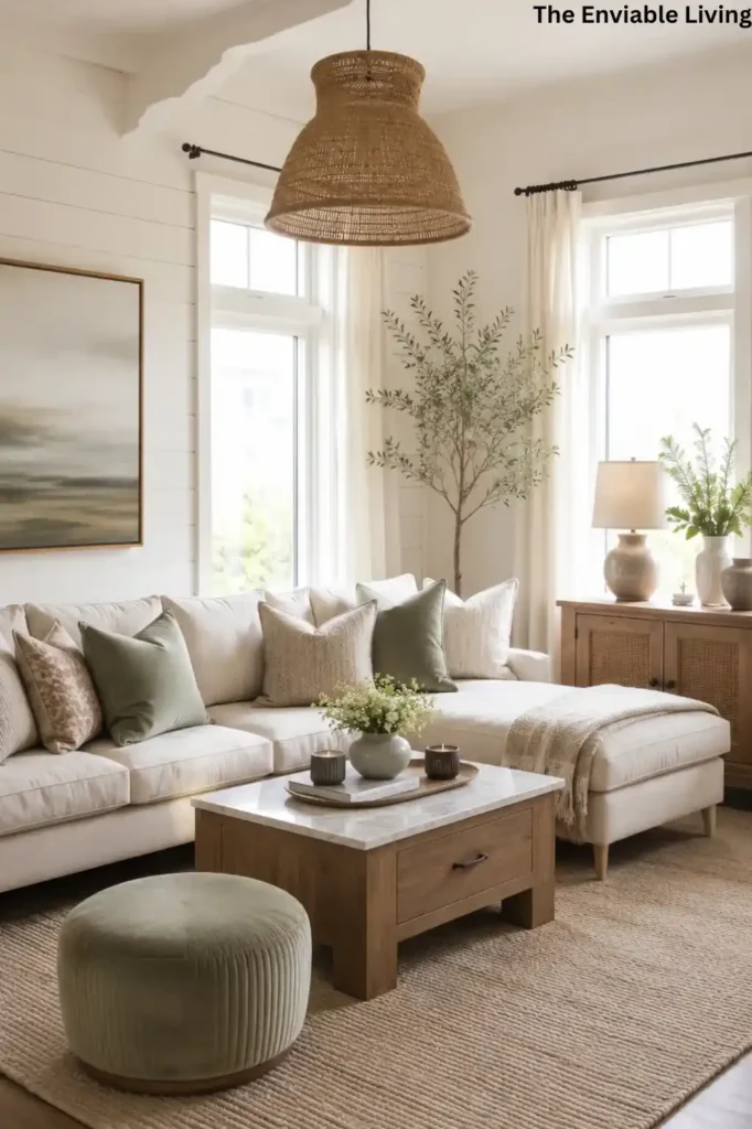 Modern Cream Sectional Living Room with Exposed Wood Ceiling Beams