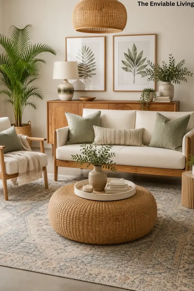 Neutral Living Room with Botanical Wall Art and Woven Ottoman