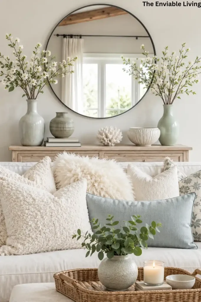Neutral Living Room with Round Mirror and Spring Floral Arrangement