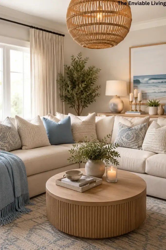Oceanfront Living Room with Rustic Wood Coffee Table