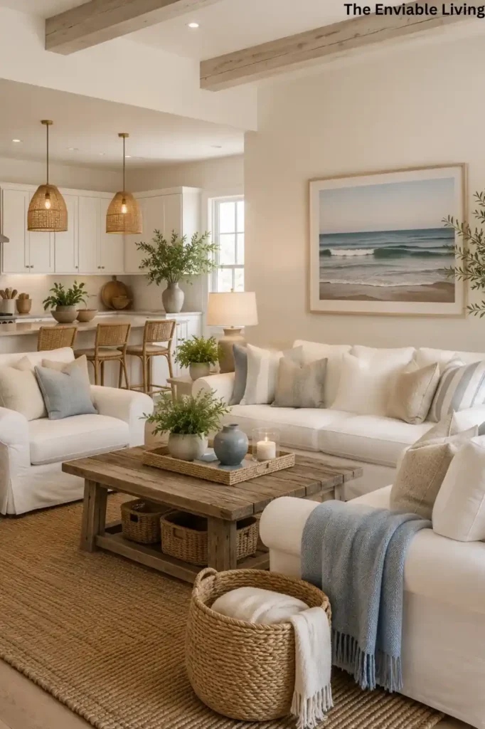 Open Coastal Living Room and Kitchen with Slipcovered Sofas