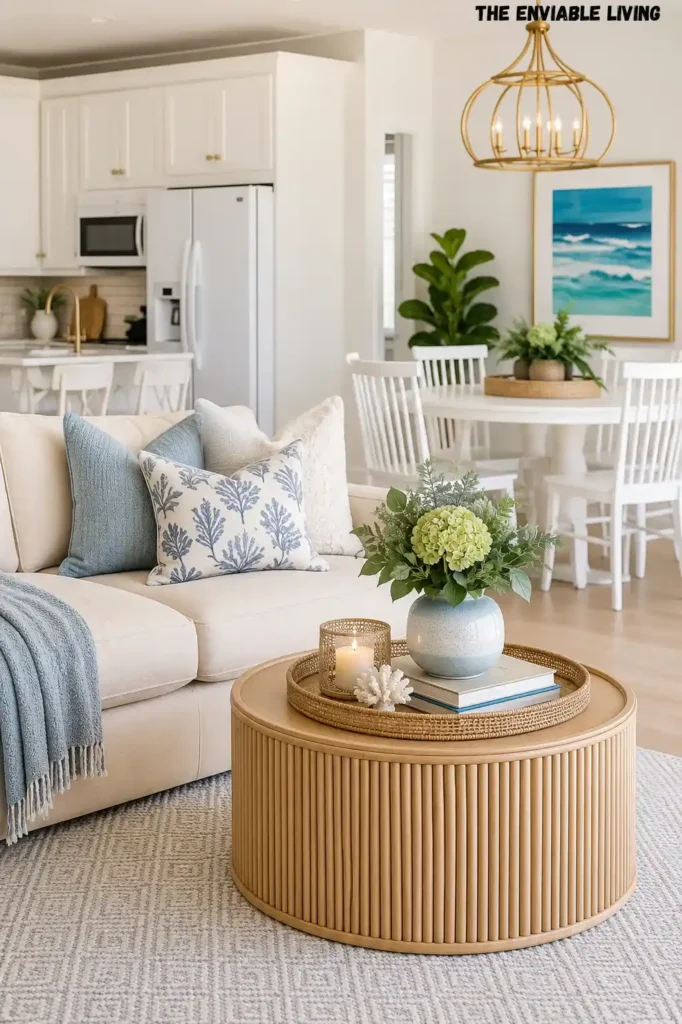 Open Coastal Living Room with Soft Blue Accents and Light Wood Finishes