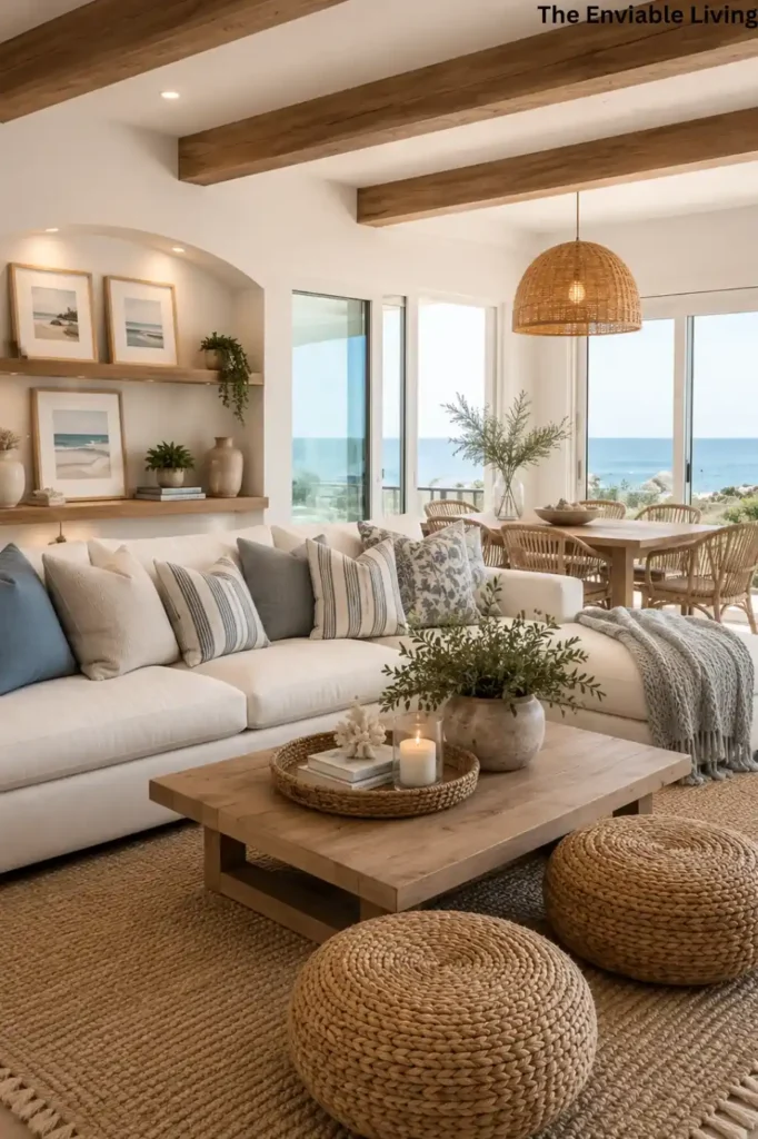 Open Coastal Living Room with Wood Beams and Ocean View Dining