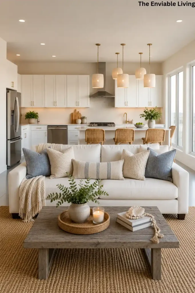 Open-Concept Coastal Kitchen and Living Room with Rustic Coffee Table