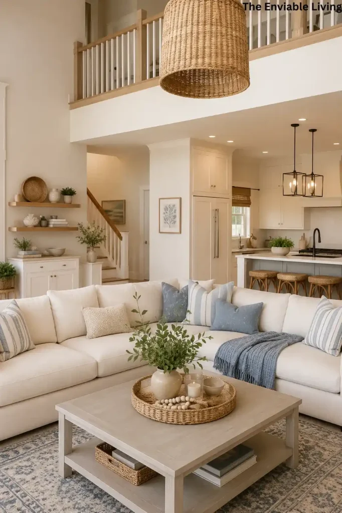 Open-Concept Coastal Living Room with Gray Sectional