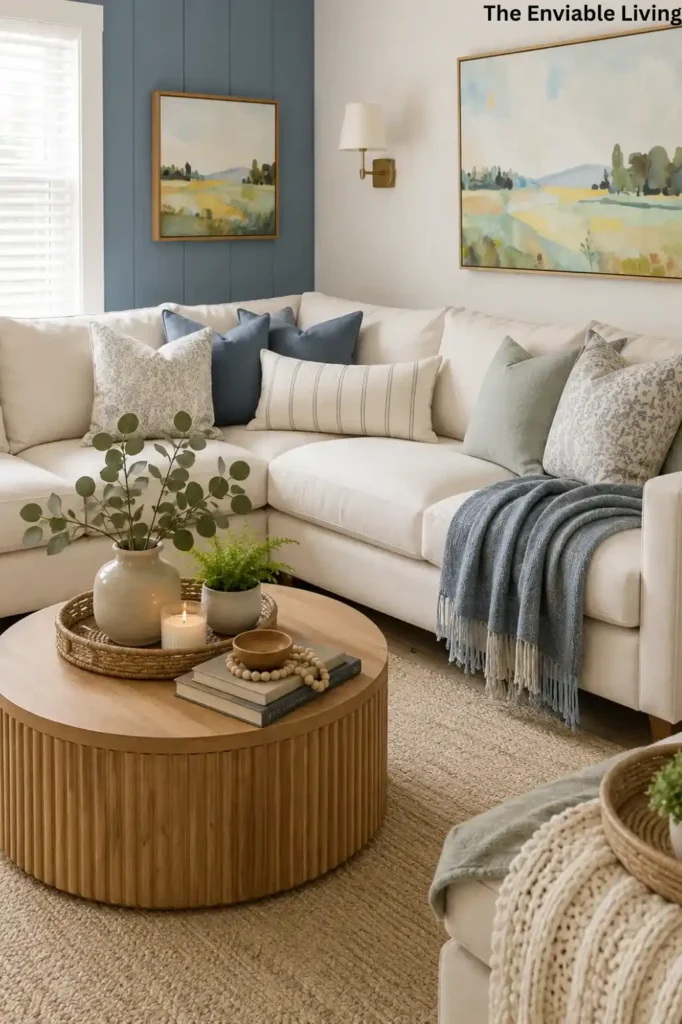 Open Living Room and Kitchen with Natural Wood Furniture