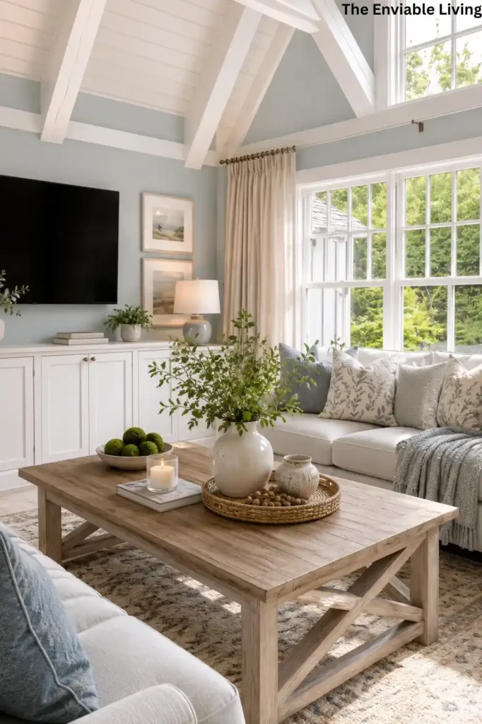 Pastel Blue Coastal Living Room with Vaulted Ceiling