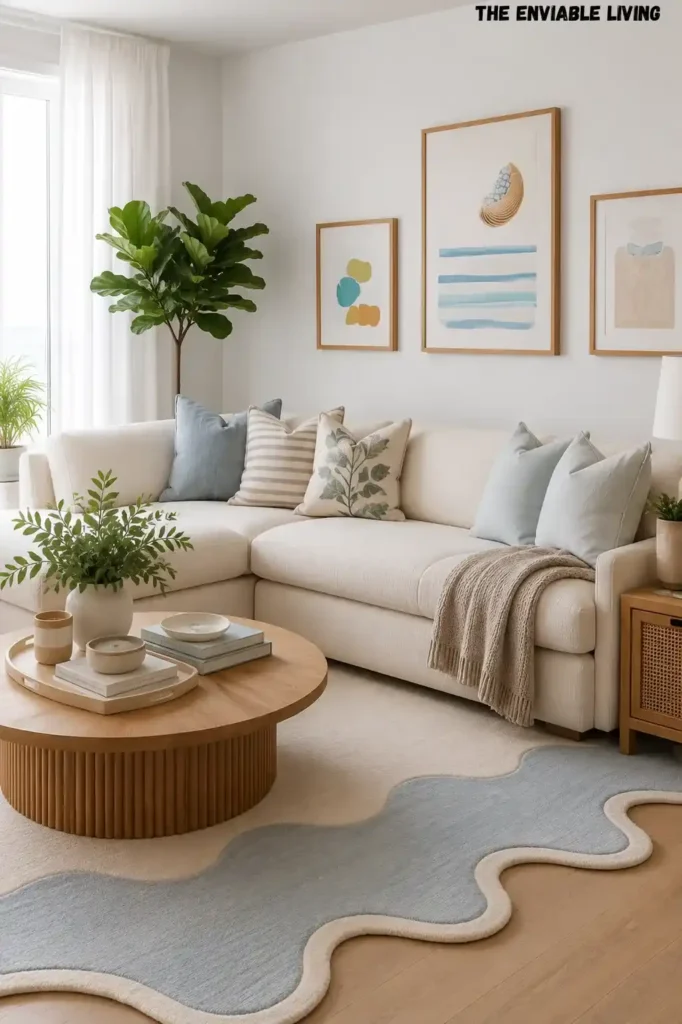 Relaxed Coastal Living Room with Natural Wood and Soft Blue Accents