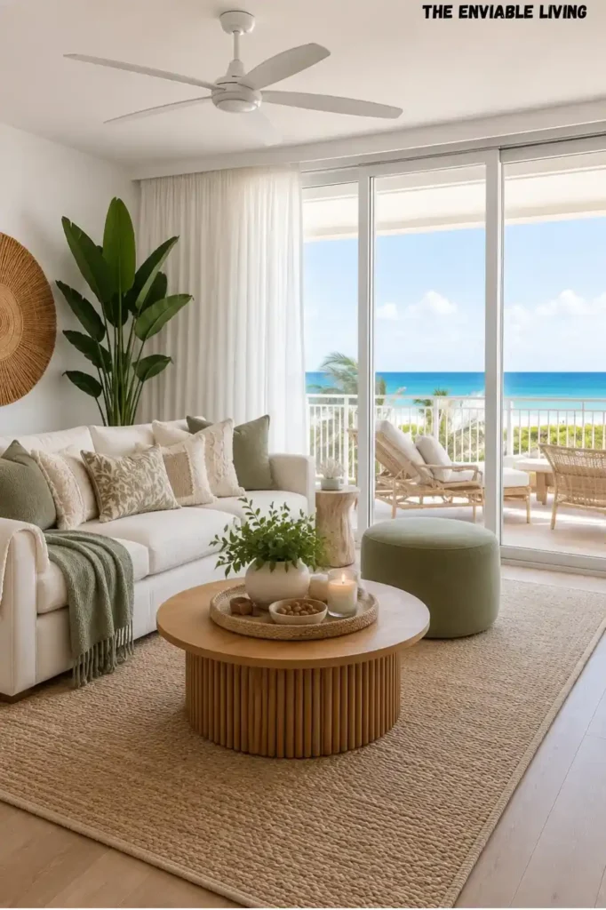 Relaxed Coastal Living Room with Woven Blinds and Cane Furniture