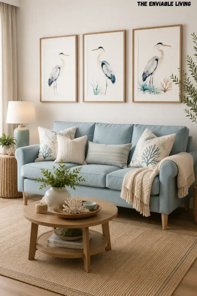 Soft Blue Coastal Living Room with Seaside Bird Wall Art