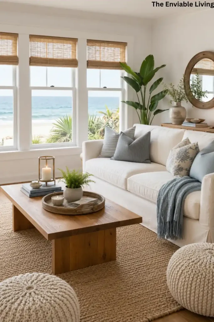 Spacious Coastal Living Room with Slipcovered Sectionals and Woven Ottoman