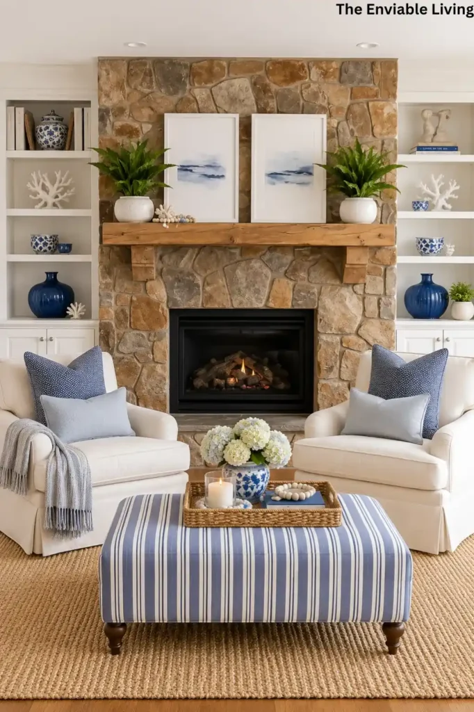 Stone Fireplace Coastal Living Room with Blue Striped Ottoman