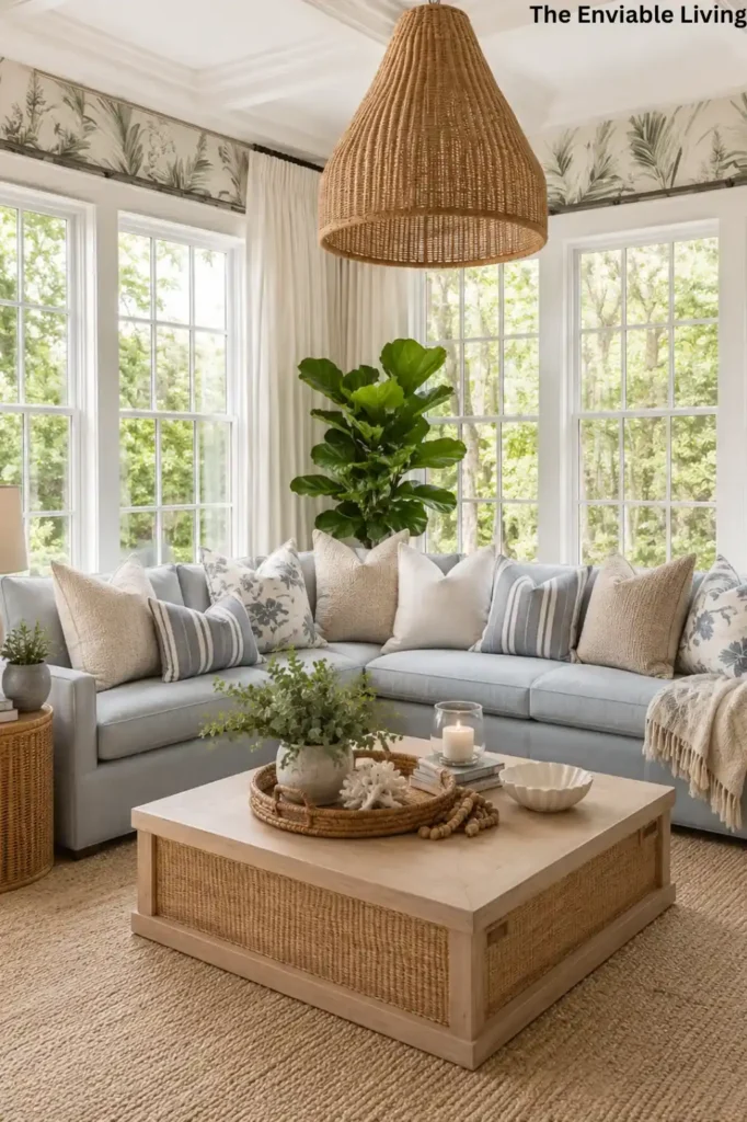 Sunlit Living Room with Blue Sectional and Woven Pendant Light