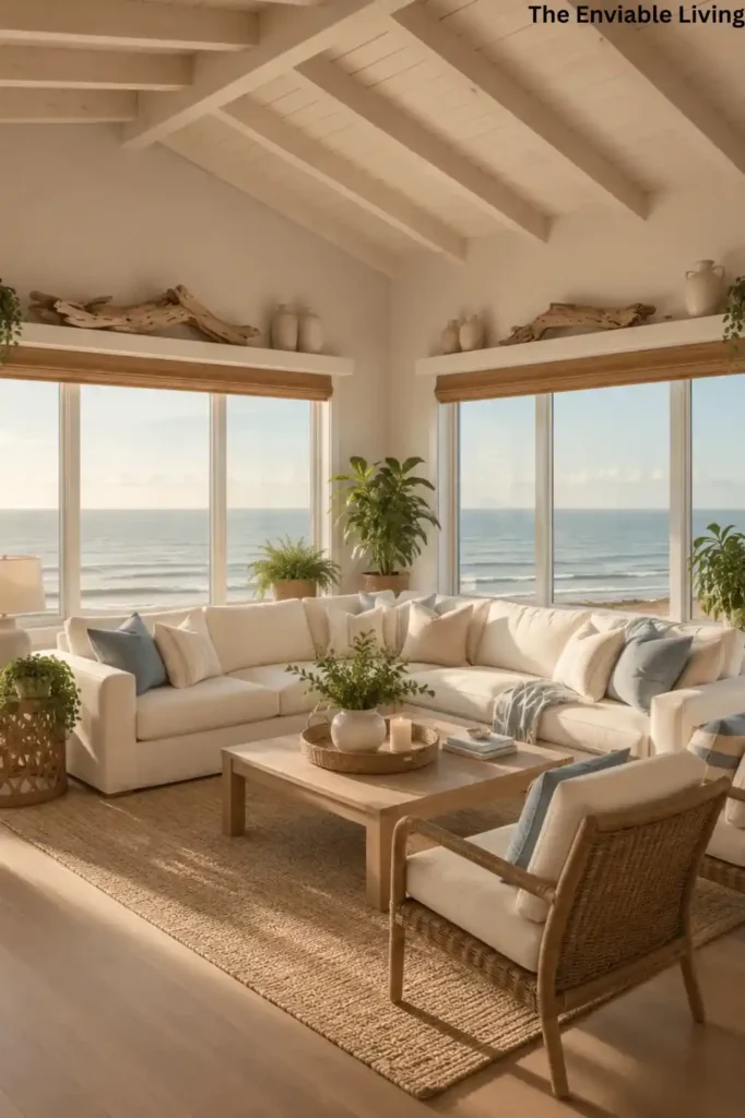 Vaulted Coastal Living Room with Ocean Views and White Sectional