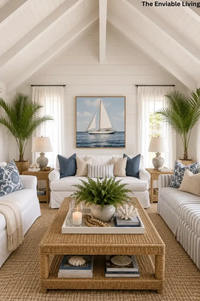 Vaulted Coastal Living Room with White Ceiling Beams and Sailboat Wall Art