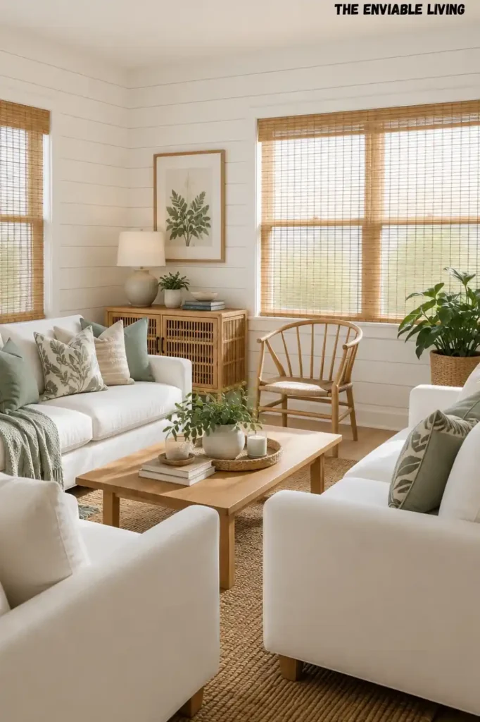 Warm Coastal Living Room with Exposed Wood Ceiling Beams